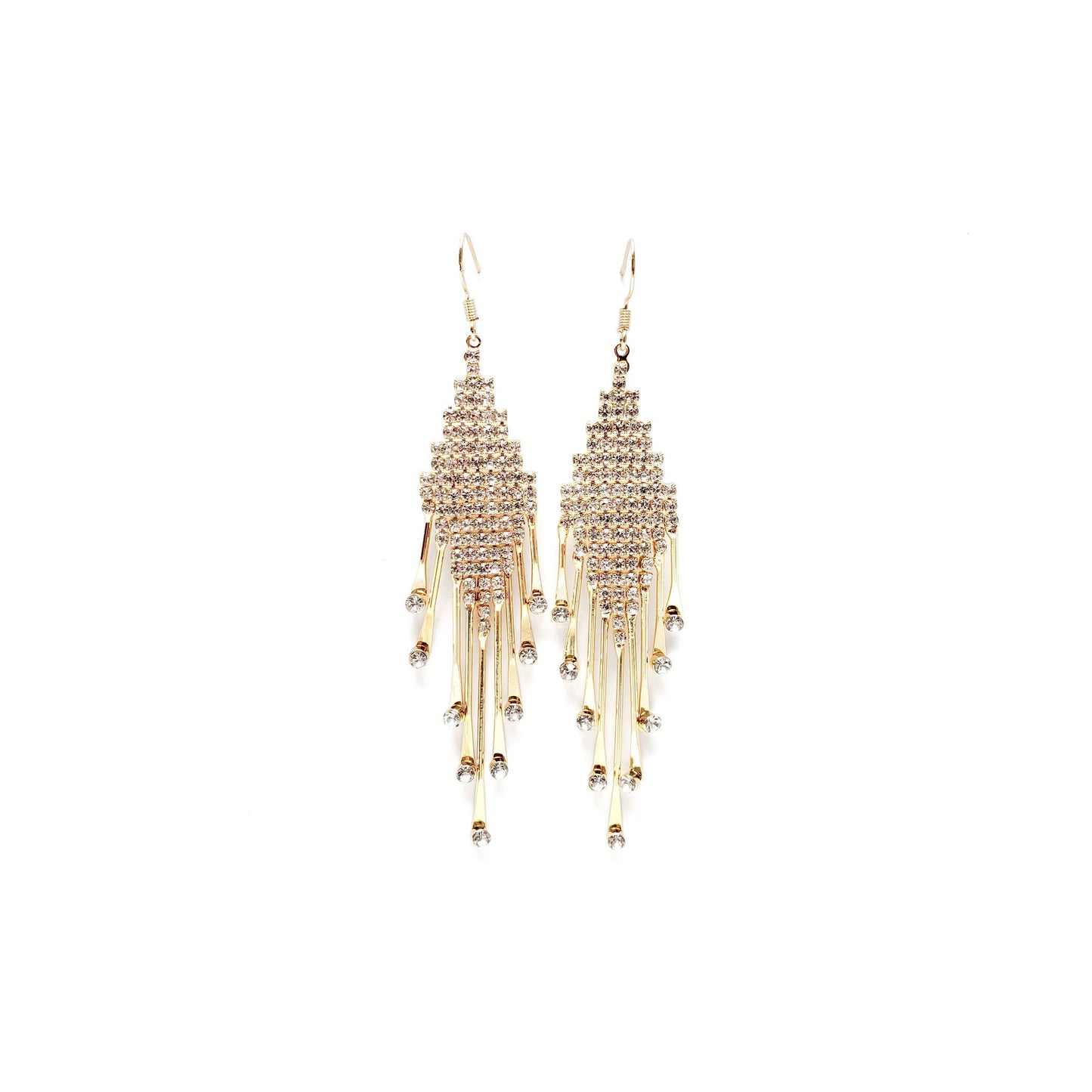 Gold Art Deco CZ dangle earrings featuring crystal fringe and teardrop strands, luxurious chandelier style