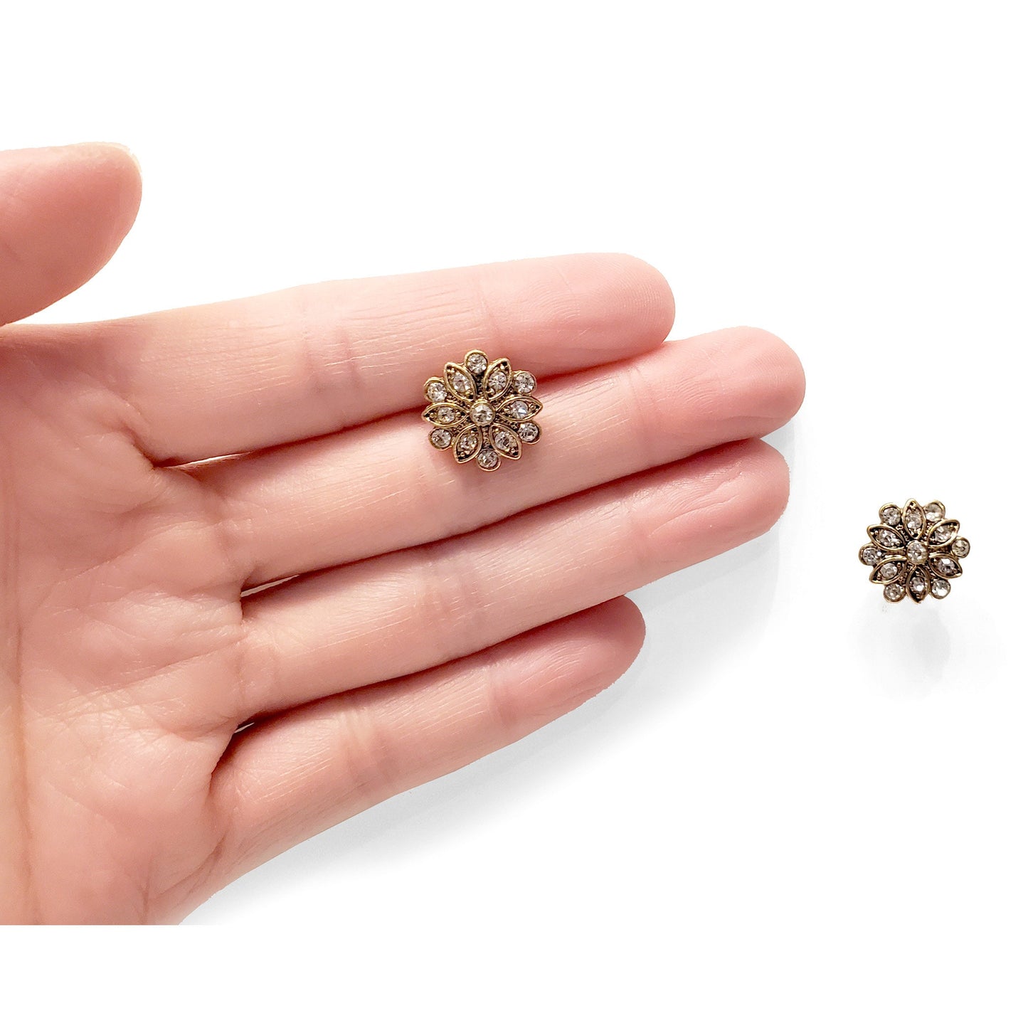 Dainty antique gold flower earrings with sparkling CZ stones in a mid-century, atomic sunburst design. Vintage-inspired floral studs perfect for brides, bridesmaids, weddings, special occasions, or elegant everyday wear. Timeless gold studs make a beautiful gift for her.