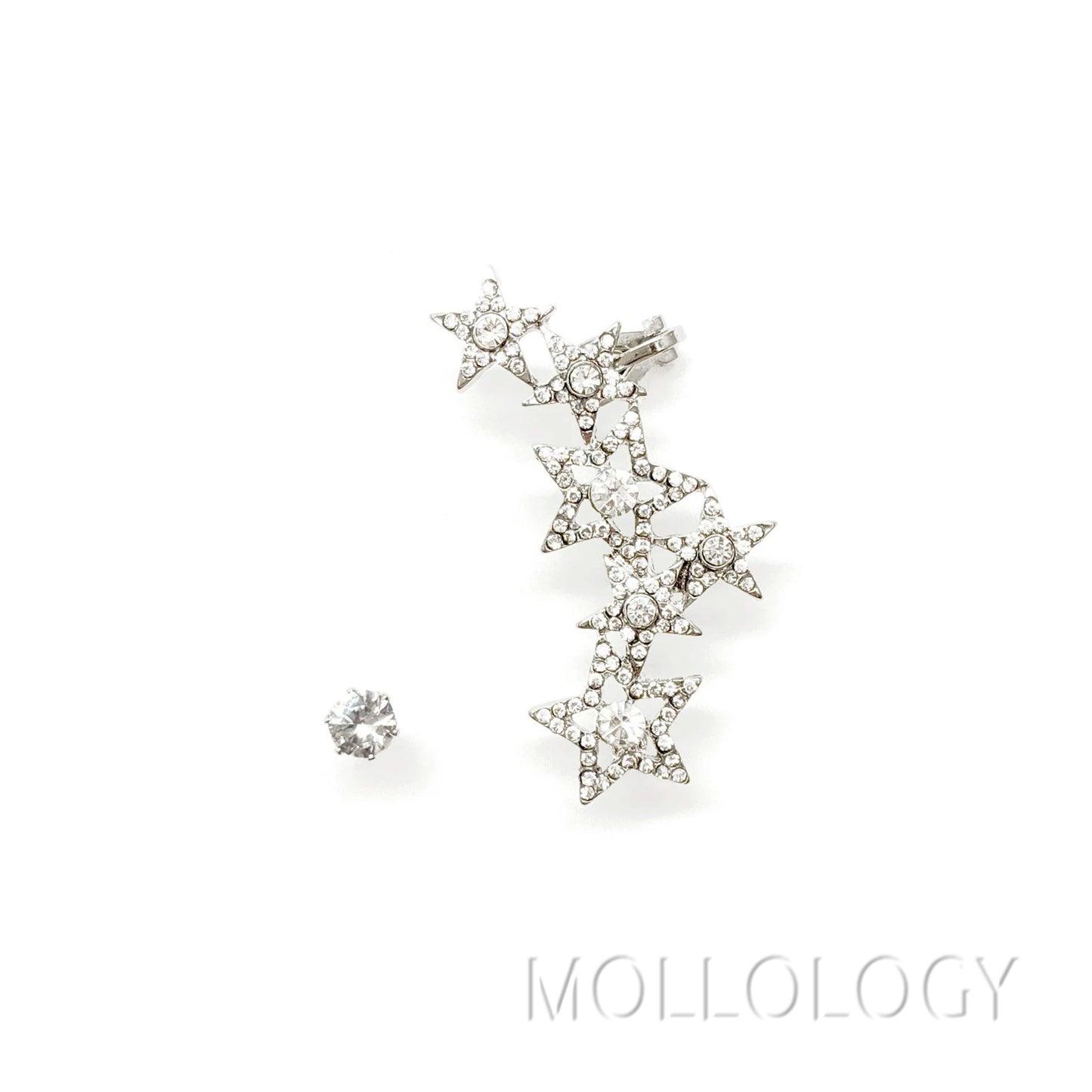 Silver star ear climber and diamond stud earring