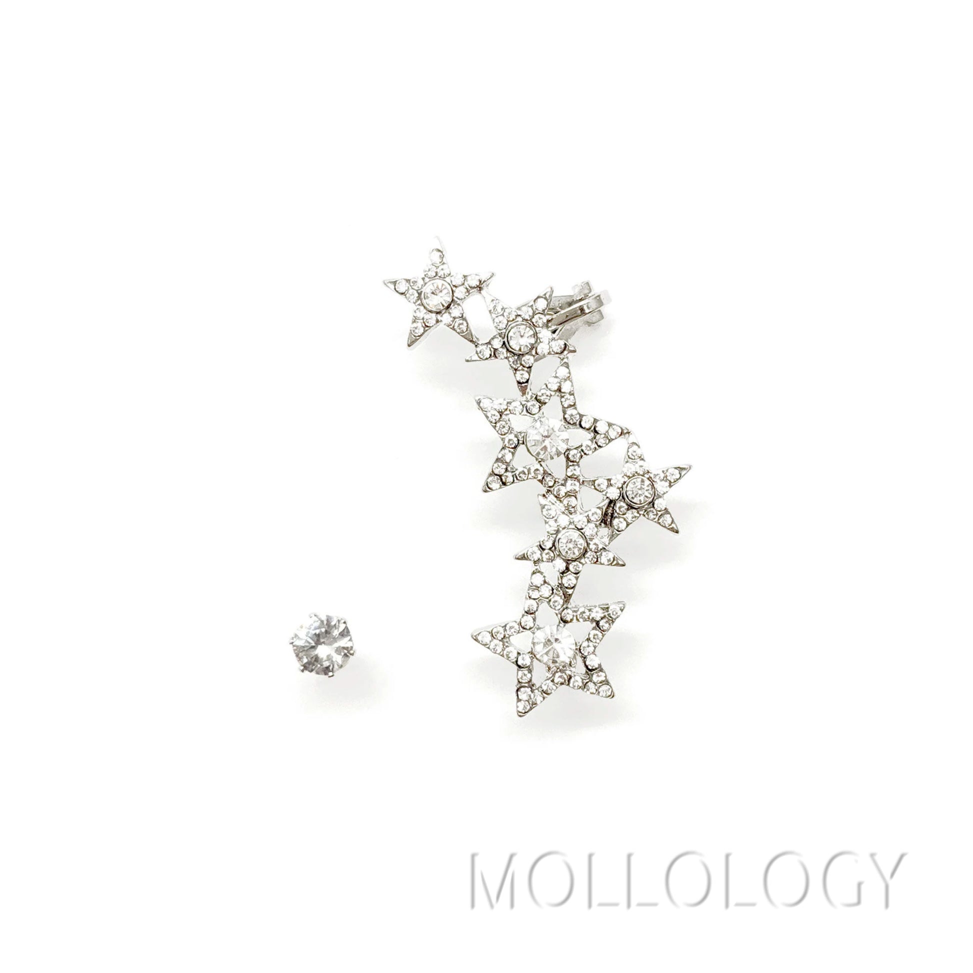 Silver star ear climber and diamond stud earring