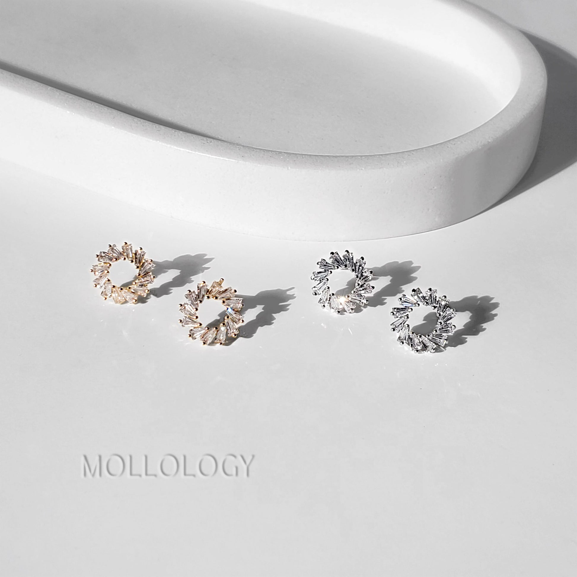 Handmade sunburst CZ baguette earrings in dainty gold or white gold, perfect for bridal, bridesmaids, and everyday wear. Elegant mid century–inspired fan and floral earrings that make a beautiful jewelry gift for her for holidays, birthdays, anniversaries, or Valentine’s Day.
