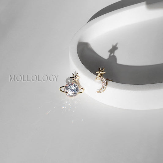 Dainty 14k gold star and moon stud earrings, celestial mismatched earrings for women, minimalist gold jewelry perfect for everyday wear or gift for her