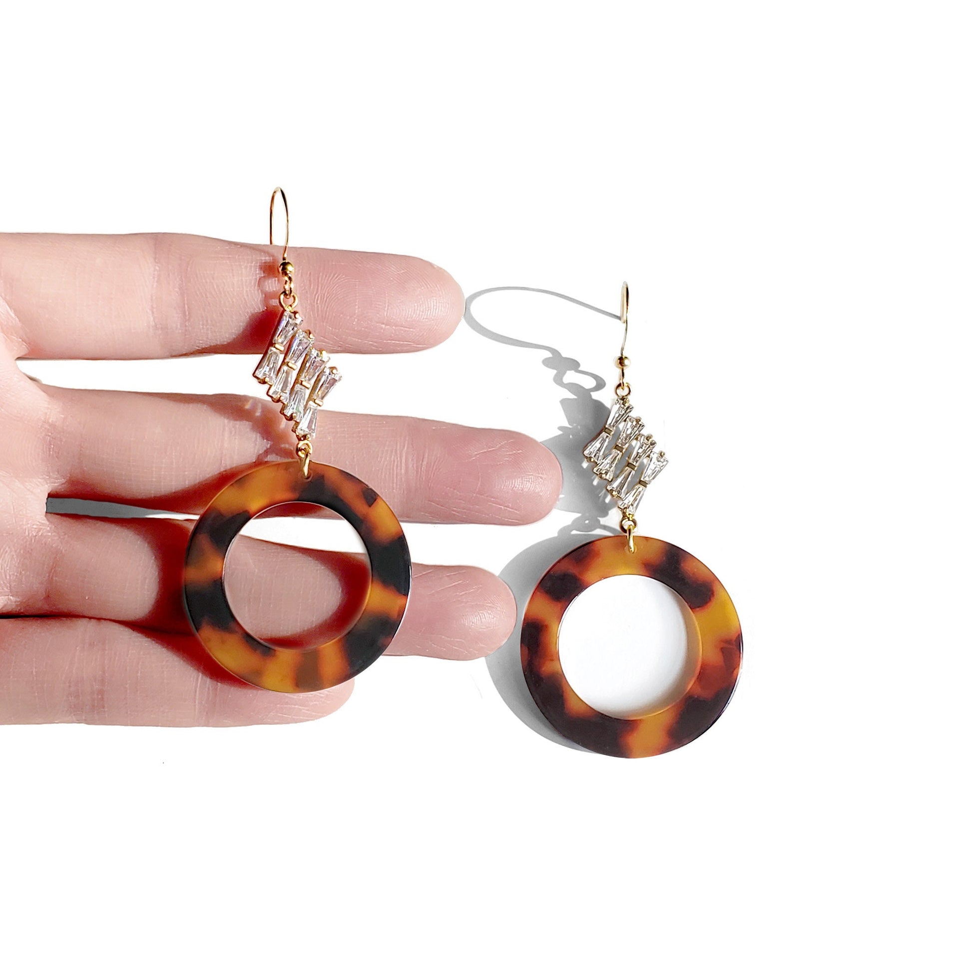 baguette earrings, tortoiseshell earrings, dangle drop earrings, circle earrings