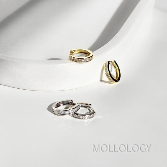 Small gold and silver hoop earrings with baguette cubic zirconia stones, trendy minimalist huggie earrings for everyday wear
