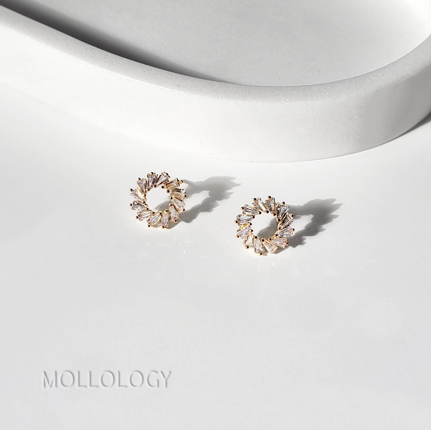 Handmade sunburst CZ baguette earrings in dainty gold or white gold, perfect for bridal, bridesmaids, and everyday wear. Elegant mid century–inspired fan and floral earrings that make a beautiful jewelry gift for her for holidays, birthdays, anniversaries, or Valentine’s Day.