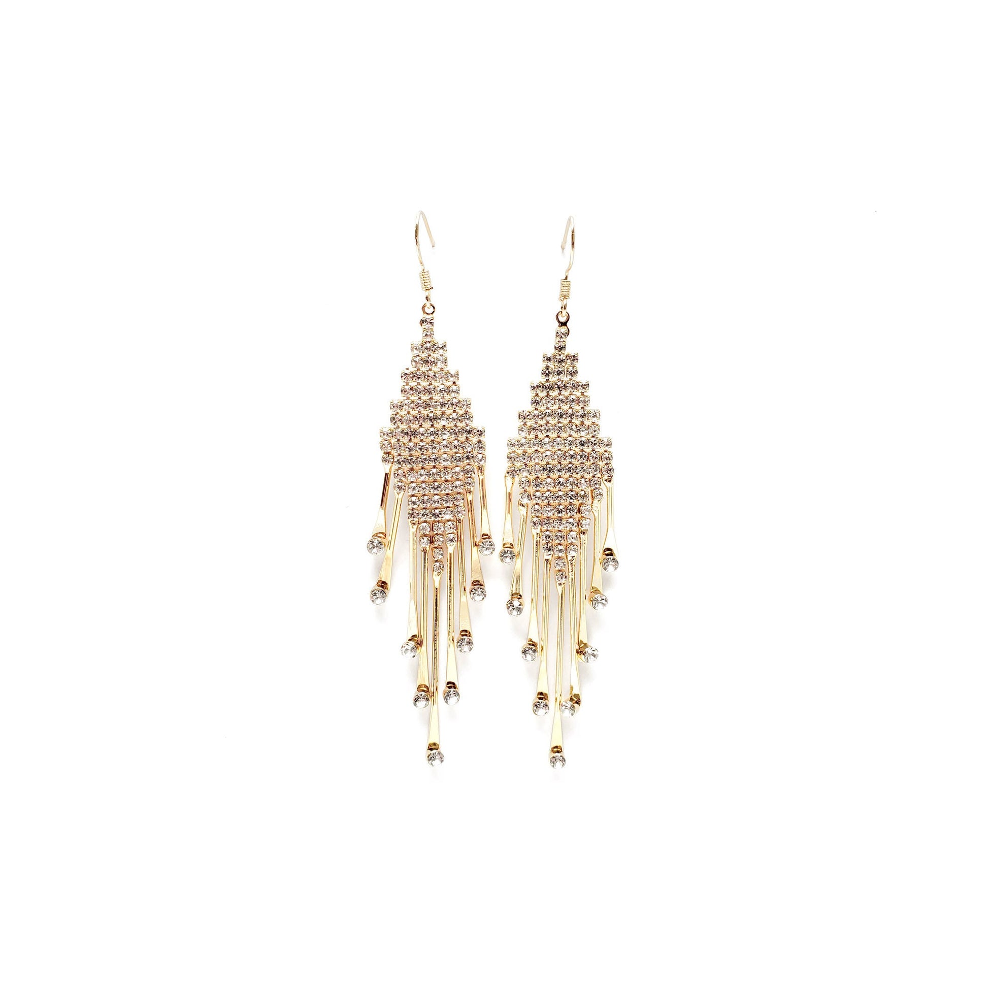 Gold Art Deco CZ dangle earrings featuring crystal fringe and teardrop strands, luxurious chandelier style