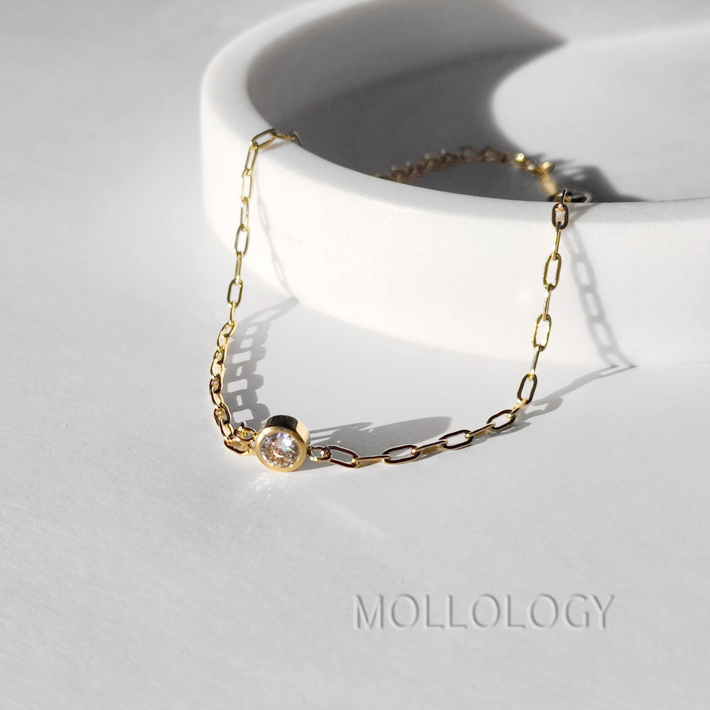 Gold Bezel Bracelet - Minimalist 18K Gold Filled Chain with CZ Stone