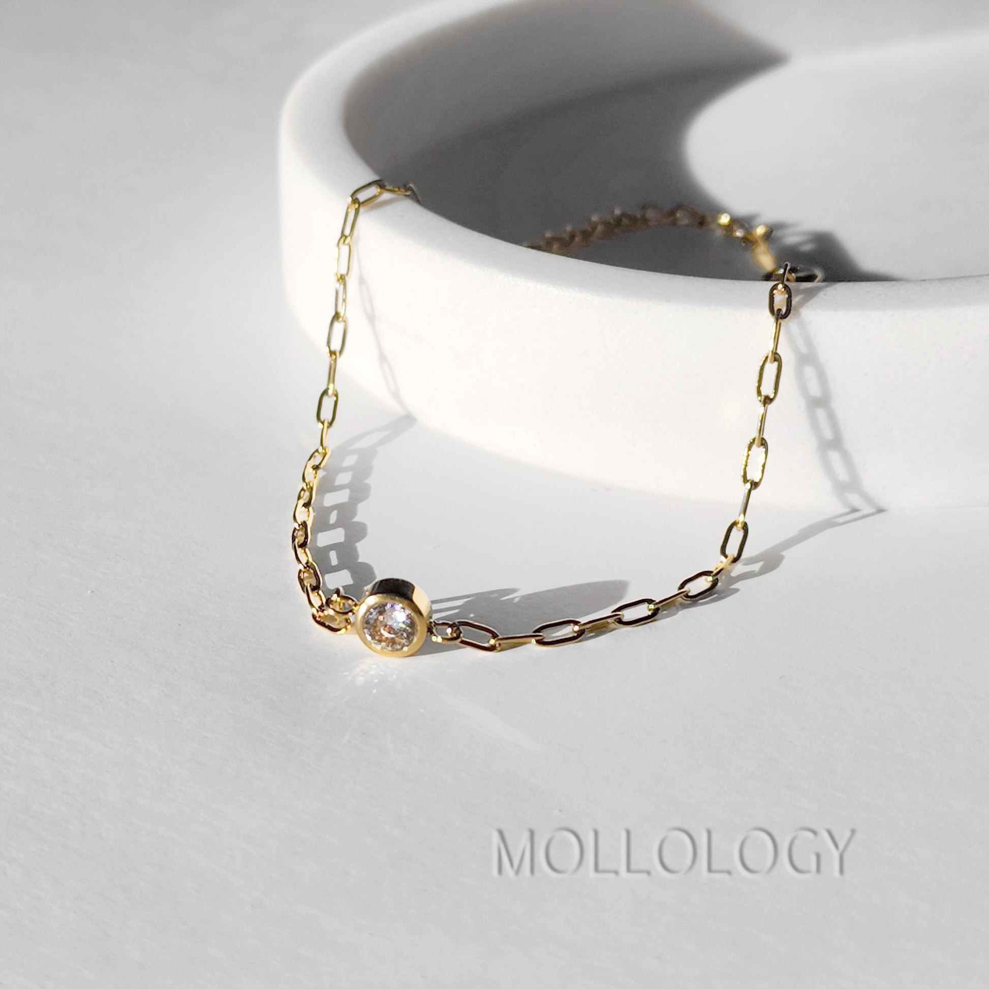 Gold Bezel Bracelet - Minimalist 18K Gold Filled Chain with CZ Stone