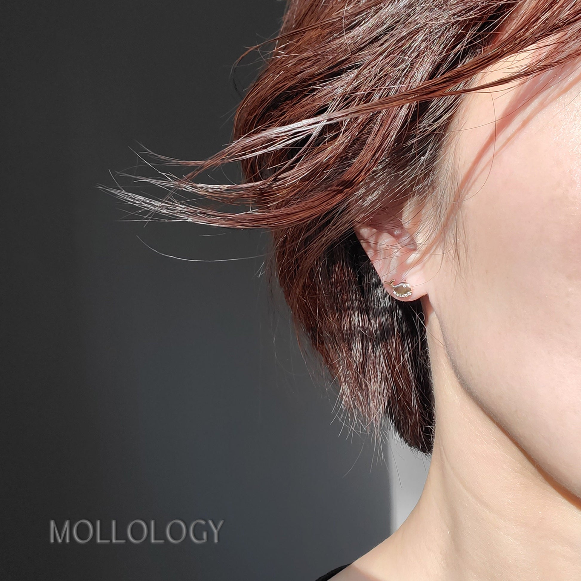 A pair of small, silver stud earrings with rose gold vermeil finish and tiny cubic zirconia embellishments, displayed on a white surface.