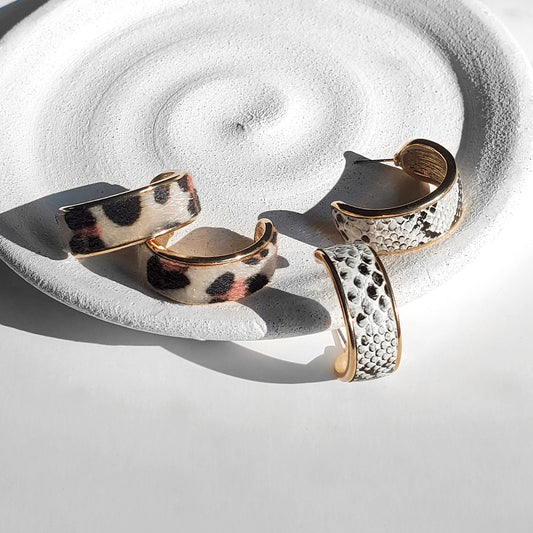 chunky gold hoops, hoop earrings, animal print, leather hoops, statement earrings
