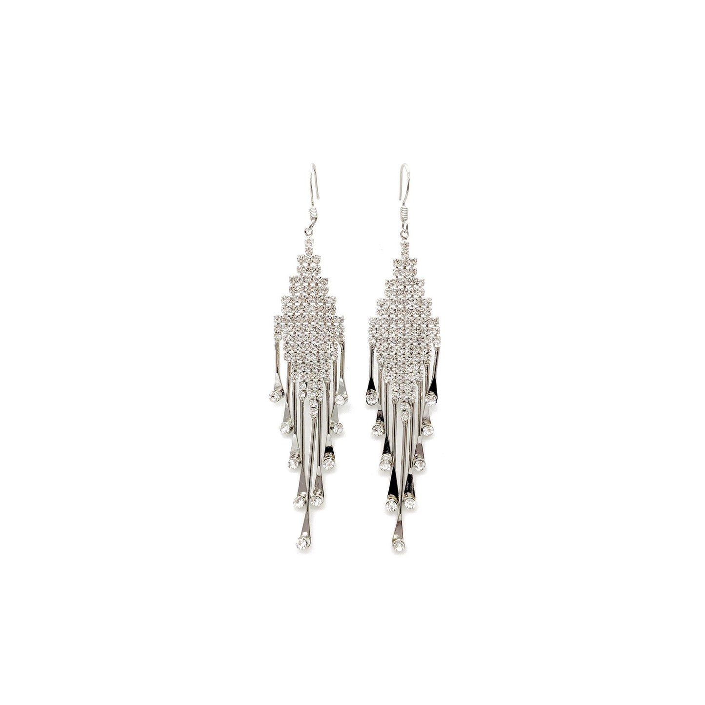 Silver Art Deco CZ dangle earrings with diamond fringe tassels, elegant drop design on white background