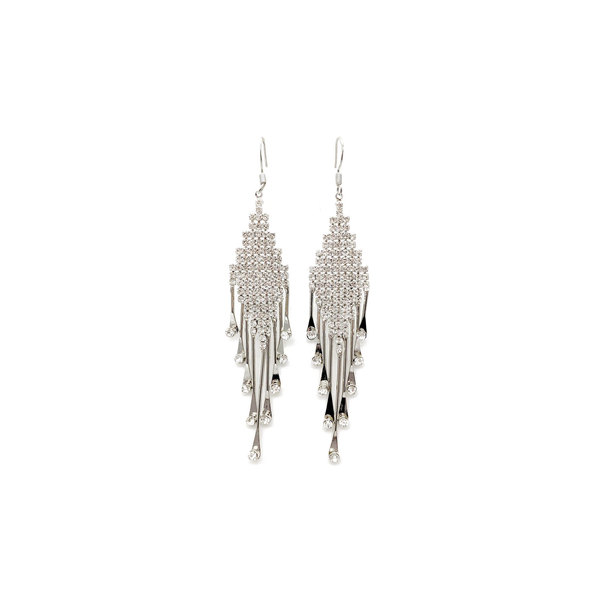 Silver Art Deco CZ dangle earrings with diamond fringe tassels, elegant drop design on white background