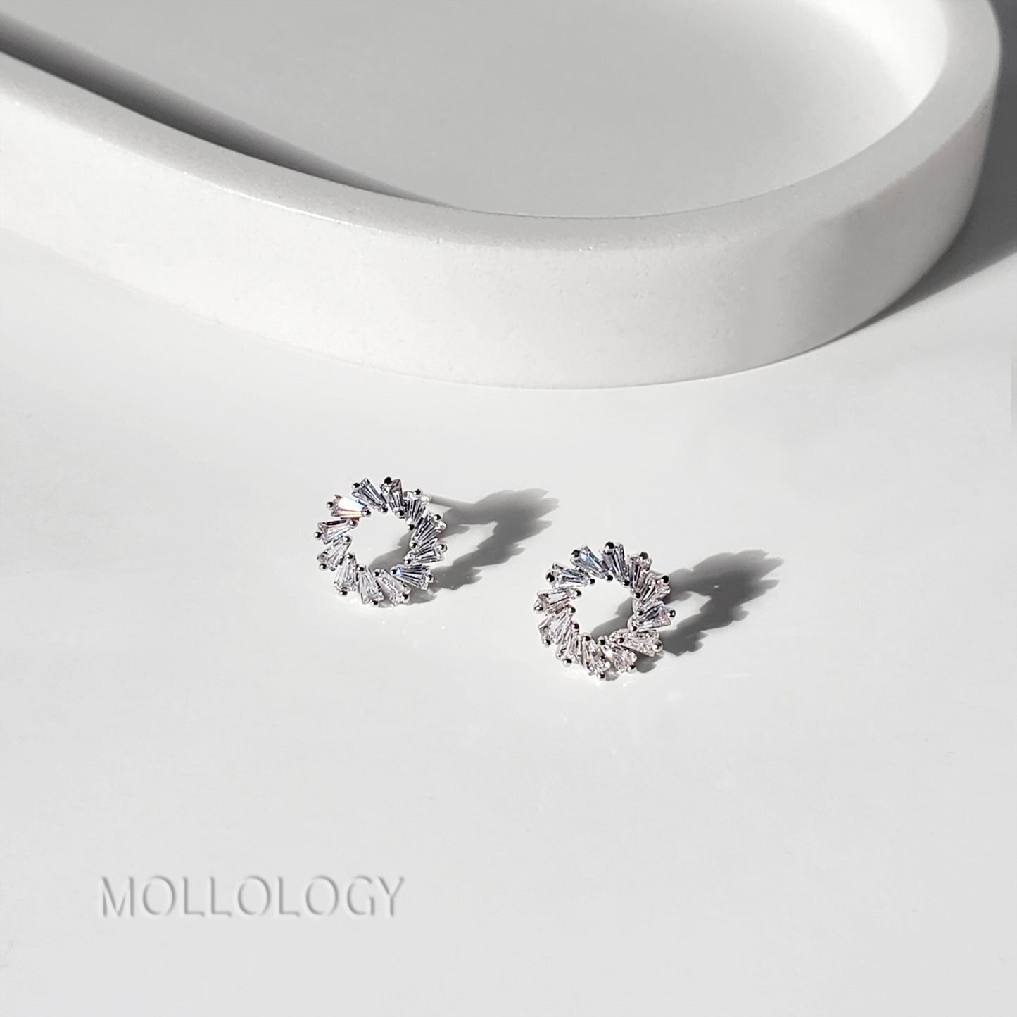 Handmade sunburst CZ baguette earrings in dainty gold or white gold, perfect for bridal, bridesmaids, and everyday wear. Elegant mid century–inspired fan and floral earrings that make a beautiful jewelry gift for her for holidays, birthdays, anniversaries, or Valentine’s Day.