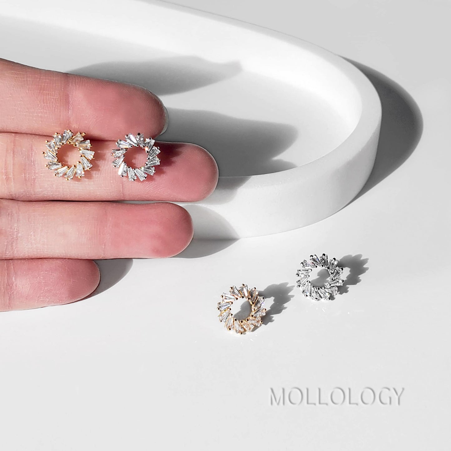 Handmade sunburst CZ baguette earrings in dainty gold or white gold, perfect for bridal, bridesmaids, and everyday wear. Elegant mid century–inspired fan and floral earrings that make a beautiful jewelry gift for her for holidays, birthdays, anniversaries, or Valentine’s Day.