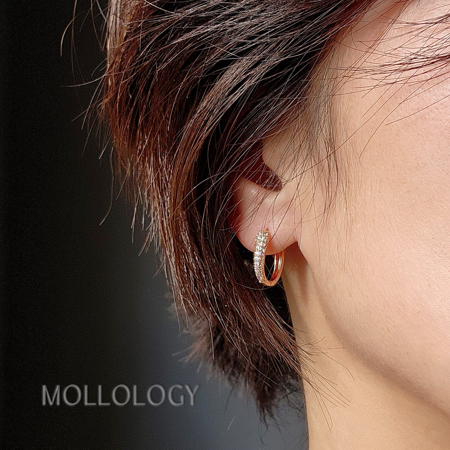 Delicate rose gold huggie hoop earrings with sparkling pavé cubic zirconia. Minimalist, dainty, and lightweight—perfect small hoops for everyday wear, cartilage piercings, or stacking. Timeless thin hoop earrings in rose gold or white gold.