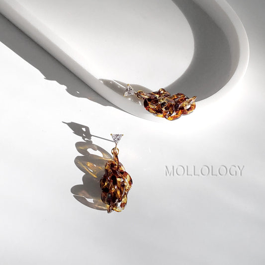 tortoise shell chain link earrings with trilliant cut cubic zirconia, dangle drop earrings