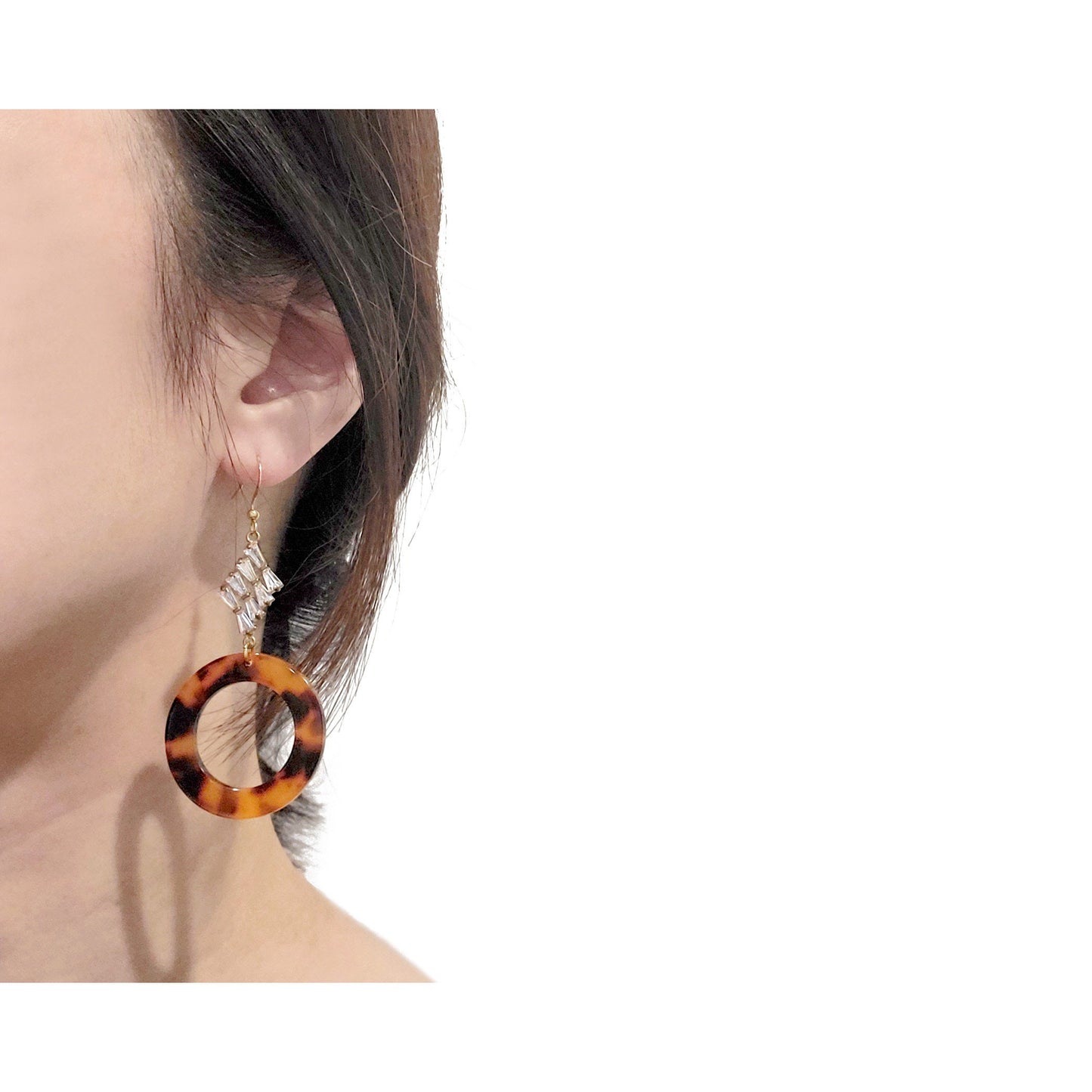 baguette earrings, tortoiseshell earrings, dangle drop earrings, circle earrings