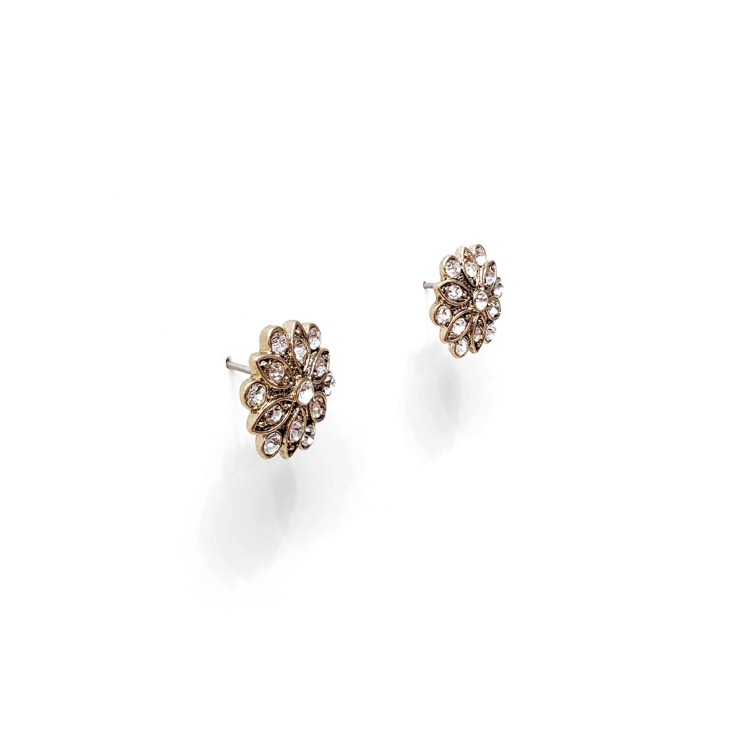 Dainty antique gold flower earrings with sparkling CZ stones in a mid-century, atomic sunburst design. Vintage-inspired floral studs perfect for brides, bridesmaids, weddings, special occasions, or elegant everyday wear. Timeless gold studs make a beautiful gift for her.